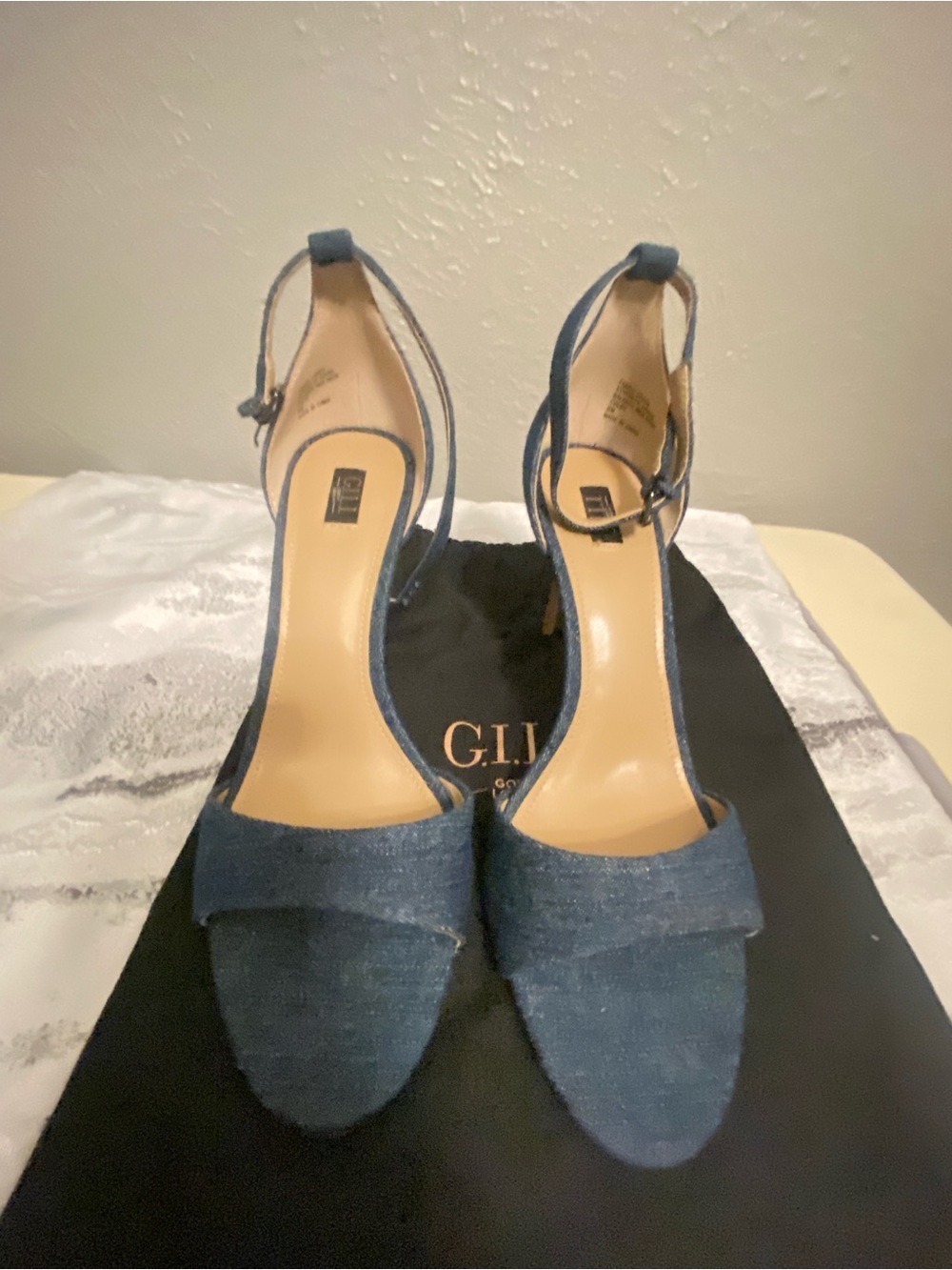 Gilli Denim Open-Toe Ankle-Strap Heels in Blue